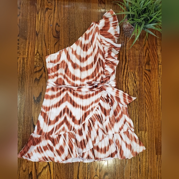 Banana Republic NWOT One-Shoulder Linen Ruffle Brown Patterned Mini Dress - Picture 11 of 11